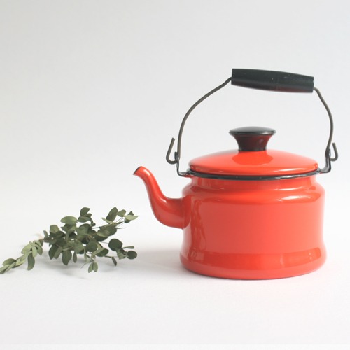 vintage enamel orange red kettle